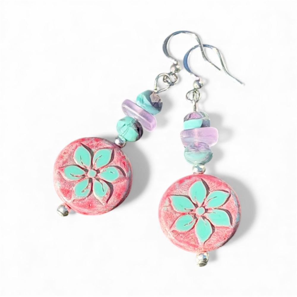 Handcrafted Floral Pink and Turquoise Czech Glass Earrings - Picture 15 of 16